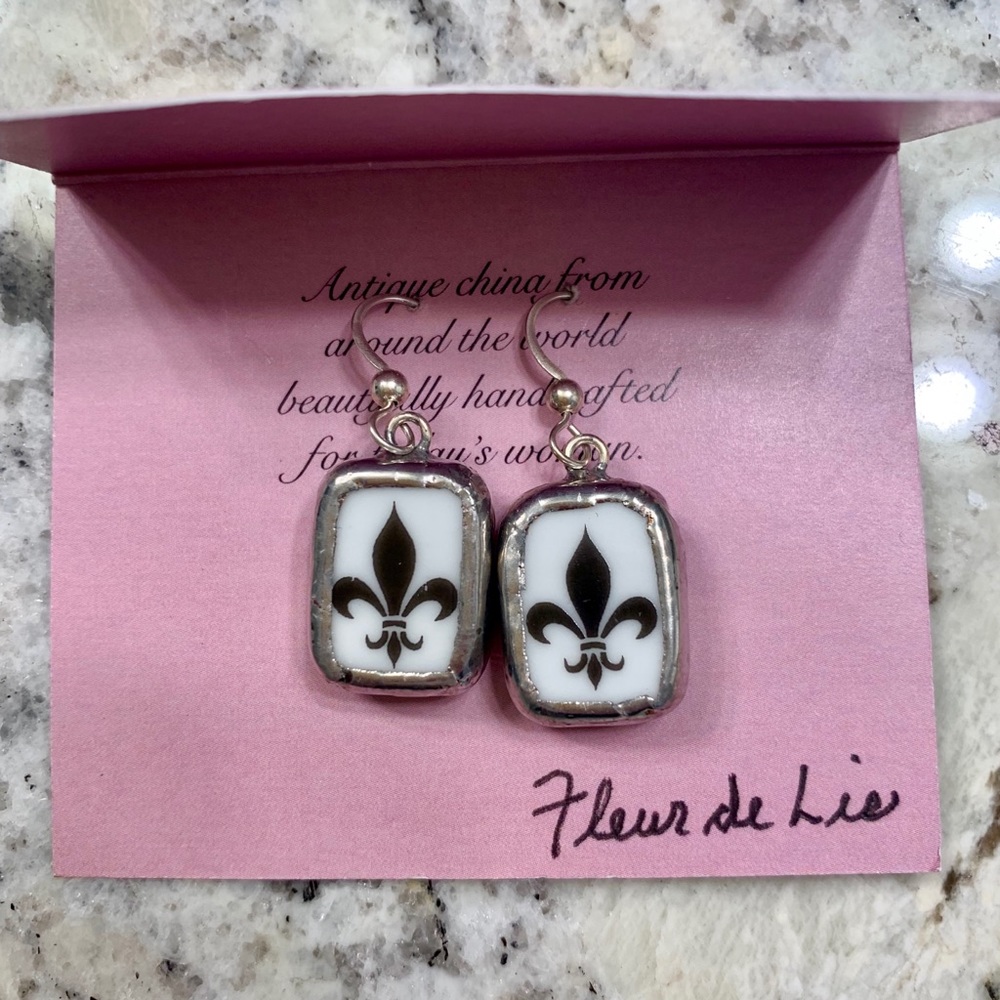 Fleur de Lis Fish Hook Antique Dangle Earrings